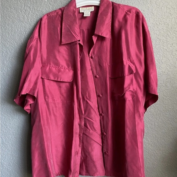 Vintage 80s Silk Button Up Blouse top burgundy short sleeve shirt magenta - Picture 3 of 6